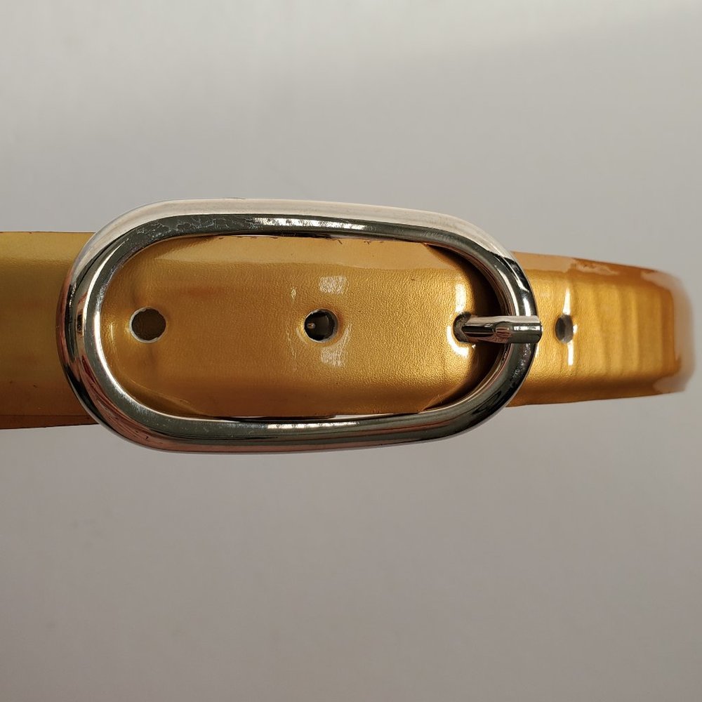 VTG Gold Patent Leather Belt Small Oval Silver Buckle Pants Dresses Skirts